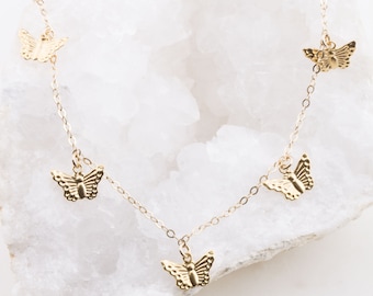 Butterflies Shaker Charms Choker in Gold Filled or Sterling Silver, Gold Butterflies Choker Necklace, Gift for Her, Dainty Gold Choker