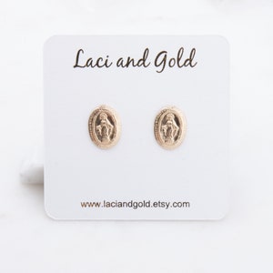 Dainty 14K Gold Filled Oval Virgin Mary Stud Earrings, Religious Earrings, Gift for Her, Easter Gift, Dainty Ring, Virgin Mary Earrings