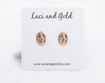 Dainty 14K Gold Filled Oval Virgin Mary Stud Earrings, Religious Earrings, Gift for Her, Easter Gift, Dainty Ring, Virgin Mary Earrings