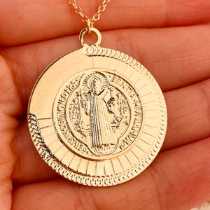 San Benito Gold Plated Necklace, Saint Benito Pendant, Religious Medal Necklace, Catholic Medal Pendant, Protection Charm, St Benedict
