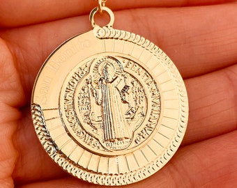 Collana placcata d'oro san Benito, ciondolo di Saint Benito, Collana medaglia religiosa, medaglia cattolica ciondolo, fascino di protezione, San Benedetto
