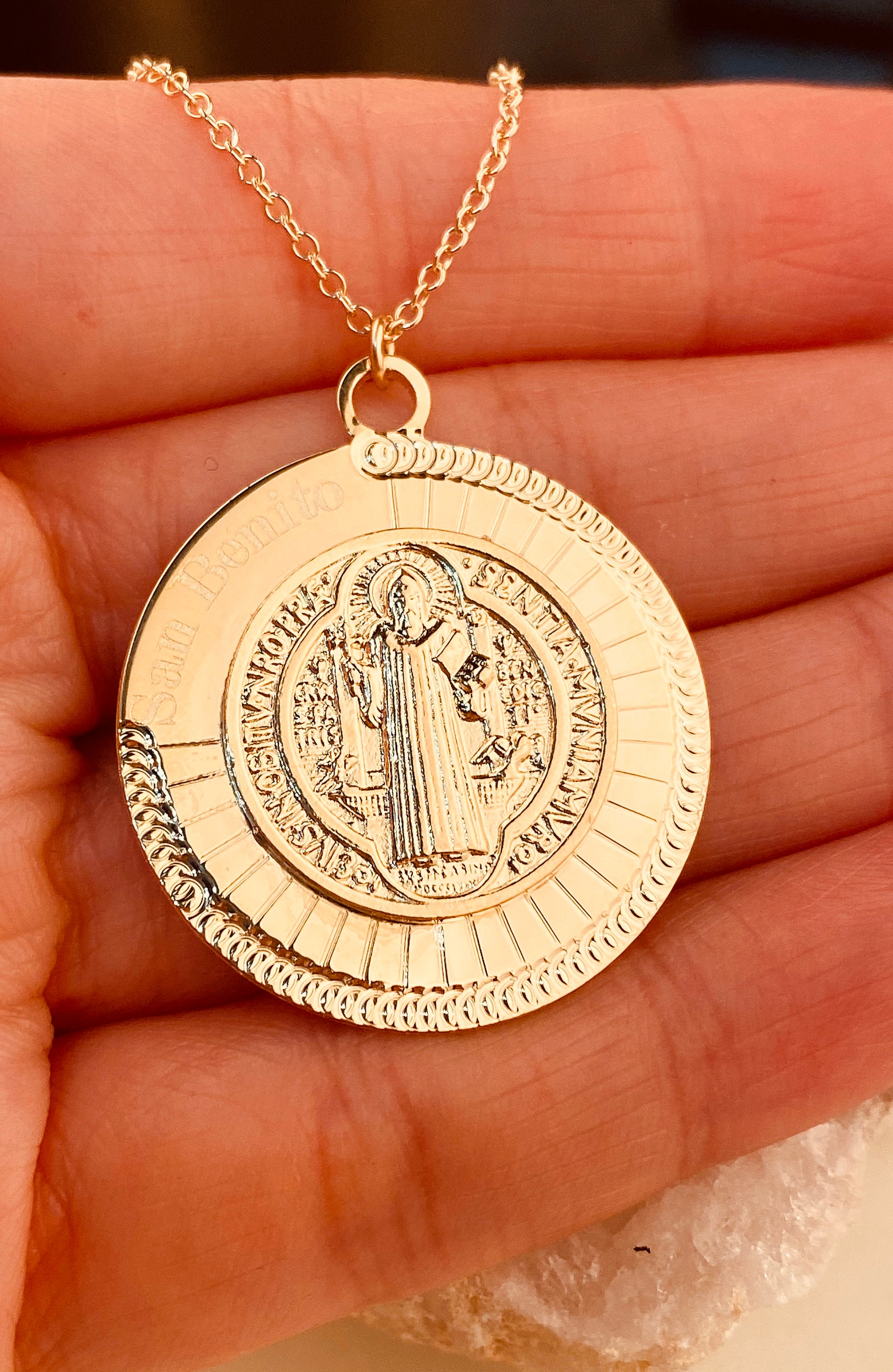 San Benito Gold Plated Necklace, Saint Benito Pendant, Religious Medal Necklace, Catholic Medal Pendant, Protection Charm, St Benedict