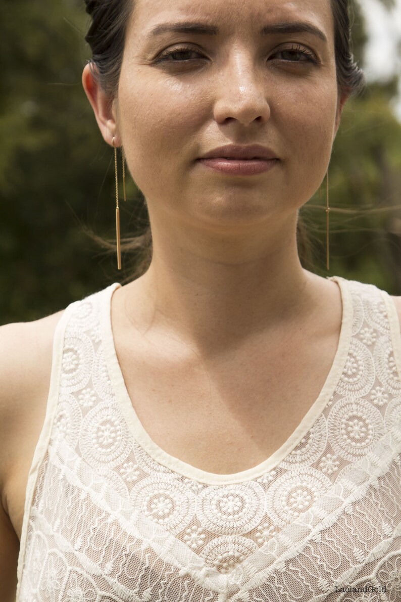 Skinny Gold Bar Drop Threader Long Earrings Long Dangle Bar Etsy