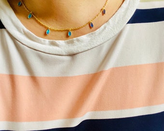 Marquise Opal in Blau oder Weiß Vergoldet über Sterling Silber Kette Halskette, Japanische Lab created Opale, Opal Baumeln Tropfen Kette Halskette