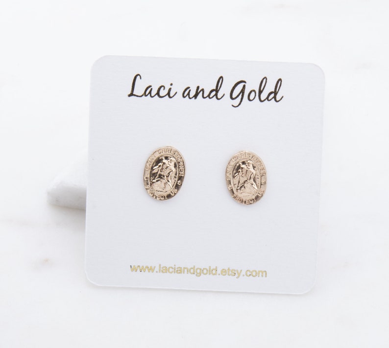Dainty Studs Dainty 14K Gold Filled Saint Christopher Stud Earrings Protect Us Charm Easter Gift Travel Saint Earrings Gift for Her