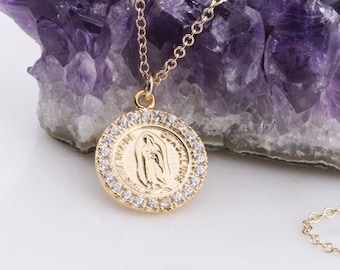 Cubic Zirconia nostra signora di Guadalupe medaglione collana oro riempito, regalo di Pasqua, tutti i giorni collana Dainty, regali per lei, prega per noi