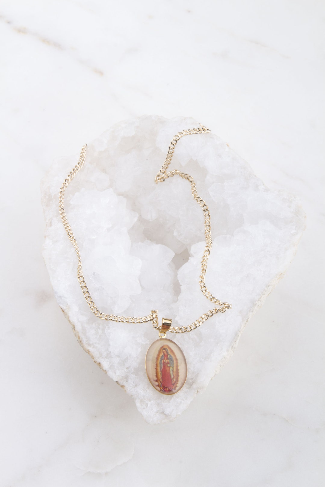 Our Lady of Guadalupe Gold Oval Pendant Dainty Necklace, Virgin Mary ...
