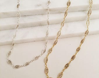 Filigree Chain Choker, Dainty Necklace, Tattoo Choker Necklace, Gold Chain Choker, Silver Chain Choker,  Gold Oval Heart Choker, Bold Choker