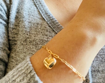 Piccolo Cuore o Piccolo Cuore Bracciale D'Oro, Bracciale Cuore Impilamento, Regalo di San Valentino, Regalo per lei, Bracciale Cuore Pieno d'Oro,