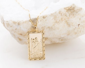 Saint Christopher Gold Plated over Sterling Silver Rectangle Tiny OR Large Necklace, Traveling Saint Necklace, Protect Us Necklace