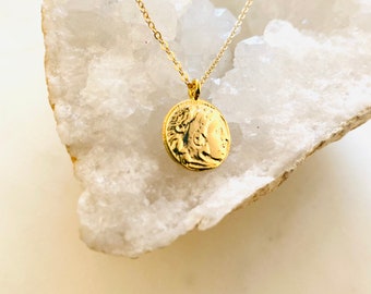 Collar con medallón romano de oro, collar con moneda de oro, collar con moneda vintage, collar con medallón, moneda de oro pequeña, colgante con moneda romana