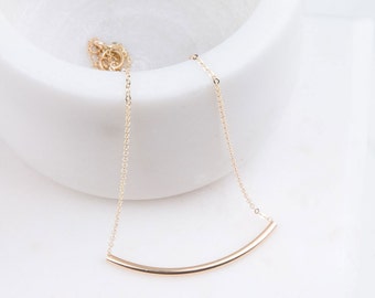 Gold Curved Bar Necklace,Gold Layering Necklace, Long Gold Bar Necklace, Gold Bar Necklace, Curved Tube Necklace, Simple, Layered Necklace