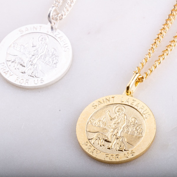 21mm Saint Lazarus Medal Necklace in Sterling Silver, Gold Plated, Saint of Poor and Sick Necklace, Pray For Us Necklace, Catholic Jewelry