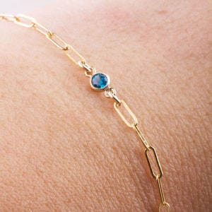 3mm 14K Gold Filled Birthstone Link Paperclip Chain Bracelet, Birthday Gift, Paperclip Chain Bracelet, CZ Stone Bracelet, Charm Bracelet