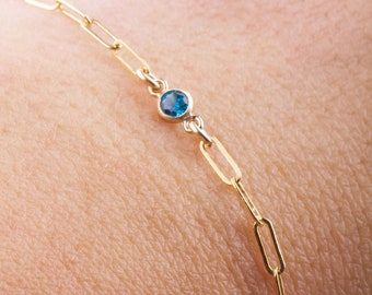 3mm 14K Gold Filled Birthstone Link Paperclip Chain Bracelet, Birthday Gift, Paperclip Chain Bracelet, CZ Stone Bracelet, Charm Bracelet