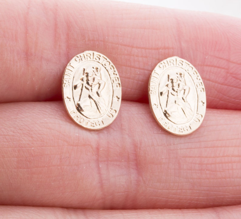 Dainty Studs Dainty 14K Gold Filled Saint Christopher Stud Earrings Protect Us Charm Easter Gift Travel Saint Earrings Gift for Her