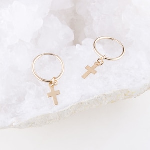 Tiny Cross Hoops, Gold Cross Hoop Earrings, Gift for Her, Dainty Cross Earrings, Everyday Earrings, Hoop Earrings, Cross Dangle Hoops
