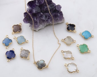 Gemstone Clover Necklace, Stone Clover Shape Pendant Necklace, Labradorite, Lapis, Coffee Moonstone, Chalcedony Clover Stone Necklace