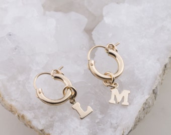 Tiny Gold Filled Initial Huggies Hoop Earrings, Initial Charm, Initial Hoops, Alphabet Huggies, Initial Earrings, Gold Huggies