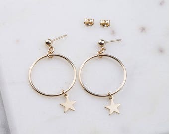 14K Gold Filled Star Circle Hoop Earrings, Celestial Earrings, Gold Hoop Earrings, Gold Star Hoops,Everyday Gold Earrings, Star Dangle Hoops