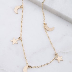 Gold Tiny Moon and Star Choker, Gold Tiny Star Choker Necklace, Gift for Her, Dainty Gold Choker, Silver Choker Necklace, Simple Choker