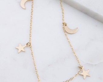 Gouden Tiny Moon en Star Choker, Gouden Tiny Star Choker Ketting, Cadeau voor haar, Sierlijke Gouden Choker, Zilveren Choker Ketting, Eenvoudige Choker