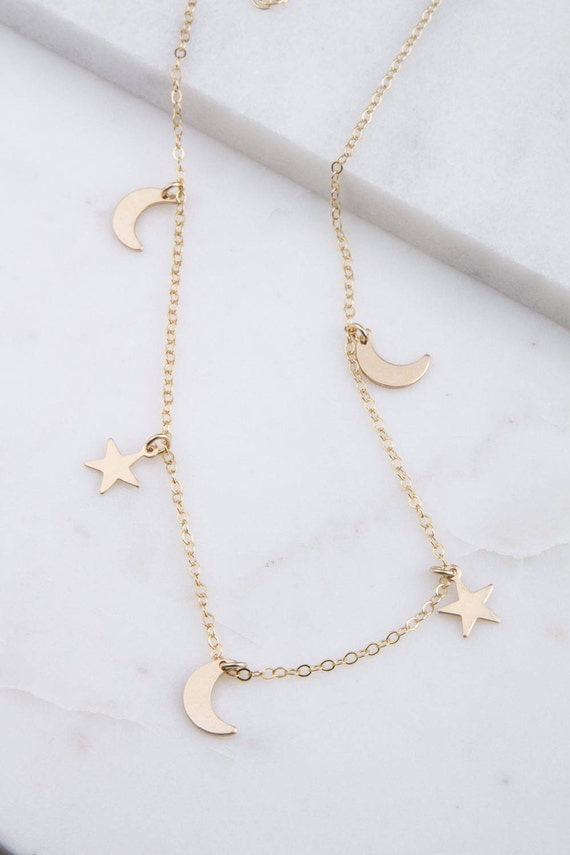 Gold Tiny Moon and Star Choker, Gold Tiny Star Choker Necklace