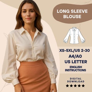 Patrón de costura para blusa con mangas farol – PDF Camisa Poet con mangas abullonadas – Top de mujer XS-5XL – A4 A0 Carta EE. UU. – Estilo romántico DIY