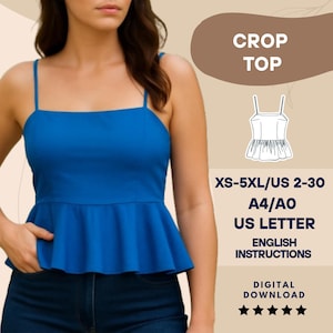 Patrón de costura en PDF para top peplum bohemio: blusa de tirantes con patchwork para mujer, camiseta de tirantes de estilo cottagecore, tallas XS-5XL, tamaño A4, tamaño A0, tamaño carta (EE. UU.)