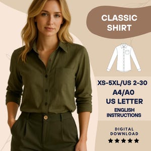 Patrón de costura de camisa clásica para mujer (PDF): blusa abotonada con cuello, top informal y de oficina, tallas XS-5XL, tamaño A4, tamaño A0, patrón digital (carta estadounidense)