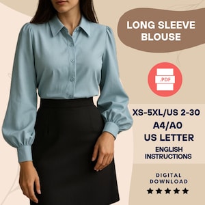 Patrón de costura para blusa con mangas abullonadas – Top con mangas farol en PDF (tallas XS-XXL) – Camisa de cuello recto – Descarga digital (A4, A0, Carta EE. UU.)