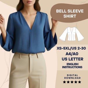 Patrón de costura de blusa con mangas acampanadas (PDF) – Top con cuello en V y mangas acampanadas – Camisa de lechera estilo cottagecore – Top de mujer DIY (tallas XS-5XL, A4, A0)