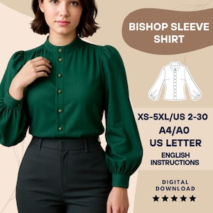 Patrón de costura en PDF para blusa Bishop de manga larga – Camisa de cuello alto abotonada para mujer – Elegante top vintage (tallas XS-5XL, A4, A0, EE. UU.)