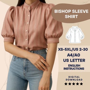 Patrón de costura para blusa de manga corta Bishop – Cuello mandarín (PDF) – Camisa vintage abotonada – Patrón de costura DIY (tallas XS-5XL, A4, A0, EE. UU.)