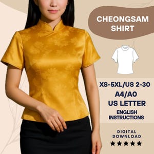 Patrón de costura de blusa cheongsam en PDF – Top chino con cuello mandarín – Camisa de manga corta acampanada DIY – XS–5XL (A4, A0, tamaño carta EE. UU.) Descargar