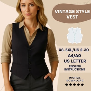 Patrón de costura de chaleco en PDF – Chaleco de oficina para mujer DIY – Top de capas de inspiración vintage – Tallas XS-5XL (A4, A0, tamaño carta de EE. UU.) Patrón digital