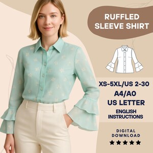 Patrón de costura de blusa con mangas con volantes en PDF – Camisa abotonada para mujer – Top vintage romántico DIY (tallas XS-5XL, A4, A0, Carta EE. UU.) Descarga instantánea