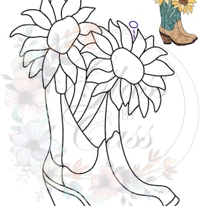 May include: Line art illustration of a cowboy boot with two sunflowers. The boot has a heel and a floral design. A smaller, coloured version of the boot with sunflowers is in the upper right corner.