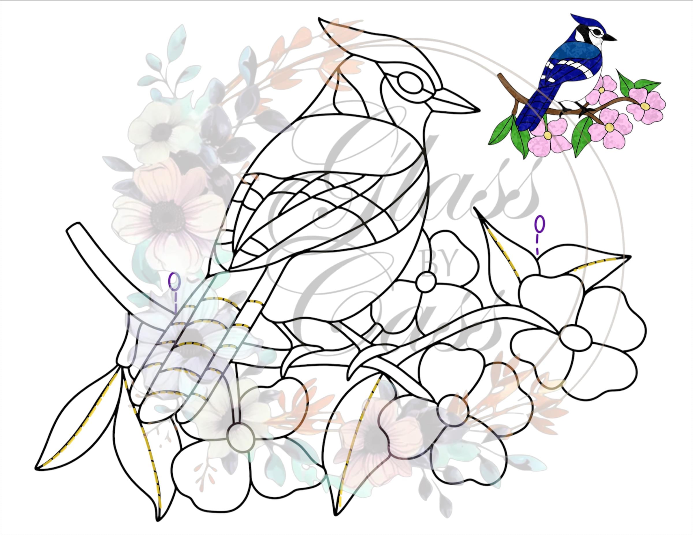ブルージェイのステンドグラスサンキャッチャーパターン：PDFとPNG