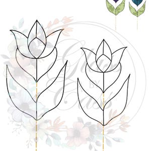 May include: Line art of tulip flowers with a stained glass effect. The image features two large black outline tulip designs and two smaller colored tulip designs in purple and teal. The background has a floral watercolor design.