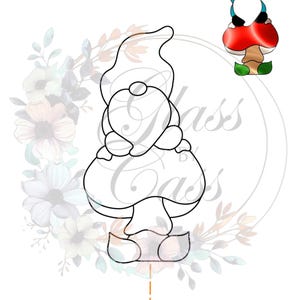 Puede incluir: Una ilustración en blanco y negro de un gnomo sentado en un hongo. El gnomo tiene un sombrero puntiagudo y una barba. El hongo tiene una parte superior redondeada y un tallo.