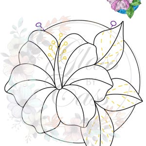 May include: A black and white line drawing of a hibiscus flower with leaves. The flower is in a circle and has a dotted line around it. The leaves have a dashed line around them.