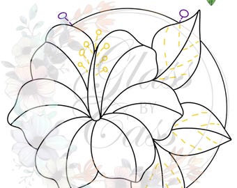 May include: A black and white line drawing of a hibiscus flower with leaves. The flower is in a circle and has a dotted line around it. The leaves have a dashed line around them.