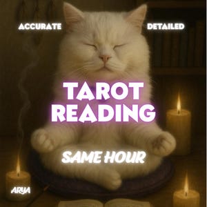 Könnte beinhalten: Eine weiße Katze in meditativer Pose mit den Worten "TAROT READING" und "SAME HOUR" in lila Neon-Text. Das Bild enthält brennende Kerzen und die Worte "ACCURATE" und "DETAILED".