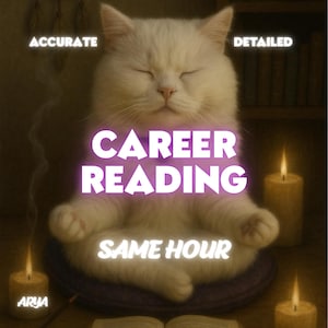 May include: A white cat in a meditative pose with the words "CAREER READING" and "SAME HOUR" in a glowing font. The image includes lit candles and the words "ACCURATE", "DETAILED", and "ARYA".