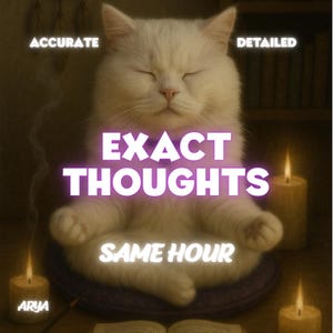 May include: A white cat in a meditative pose with the text "EXACT THOUGHTS" in a glowing purple font. The image includes the words "ACCURATE", "DETAILED", "SAME HOUR", and "ARYA". Lit candles and an open book are also visible.