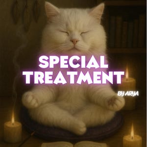 May include: A white cat in a meditative pose with the text "SPECIAL TREATMENT" in a purple glow. The image includes lit candles, an open book, and the text "BY ARYA". The cat is sitting on a purple cushion.