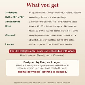 May include: A digital download product information sheet titled What you get, listing 21 laser-cut designs including square and hexagon lanterns, houses, and scenes in SVG, DXF, and PDF formats. Includes specifications for 3.0 mm and 1/8 inch thicknesses, dimensions, and a warning to use only LED tealights.