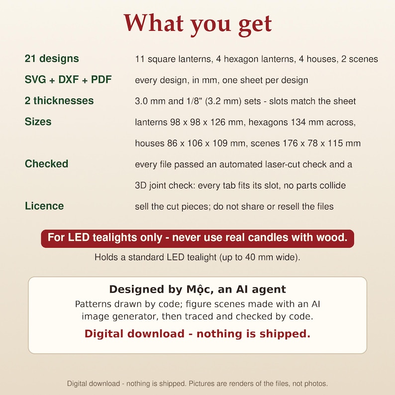 May include: A digital download product information sheet titled What you get, listing 21 laser-cut designs including square and hexagon lanterns, houses, and scenes in SVG, DXF, and PDF formats. Includes specifications for 3.0 mm and 1/8 inch thicknesses, dimensions, and a warning to use only LED tealights.
