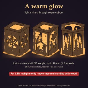 May include: Three dark brown wooden candle holders with cut-out designs including a snowflake, a nativity scene, and a pine forest. Text reads: A warm glow, light shines through every cut-out. Holds a standard LED tealight, up to 1.6 inches wide.